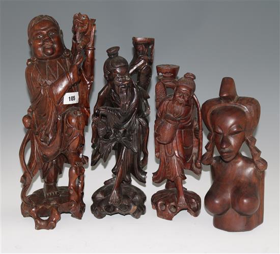 Three Chinese hardwood figures and an African bust, largest 48cms